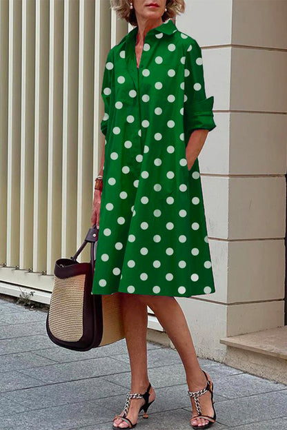 Casual Polka Dot Pocket Contrast Turndown Collar A Line Dresses(10 Colors)