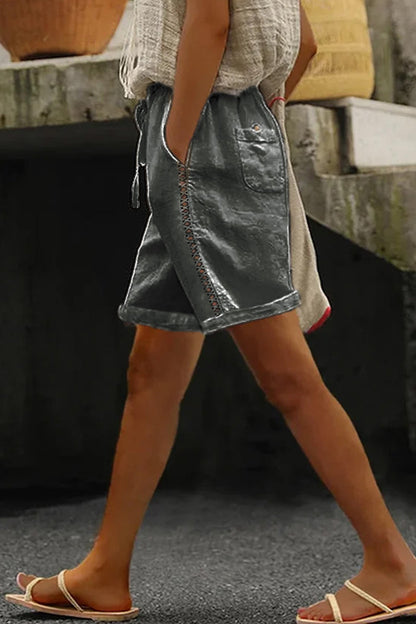 Pantalones casuales de color liso con encaje y patchwork, sueltos, de cintura media y rectos