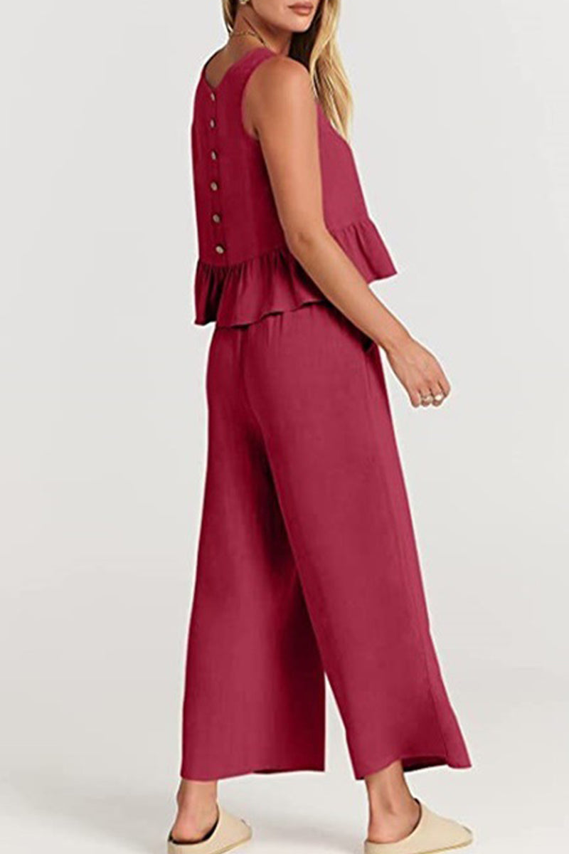 Conjunto informal sencillo de dos piezas con bolsillos, botones y cuello redondo sin mangas