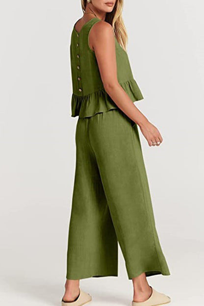 Conjunto informal sencillo de dos piezas con bolsillos, botones y cuello redondo sin mangas