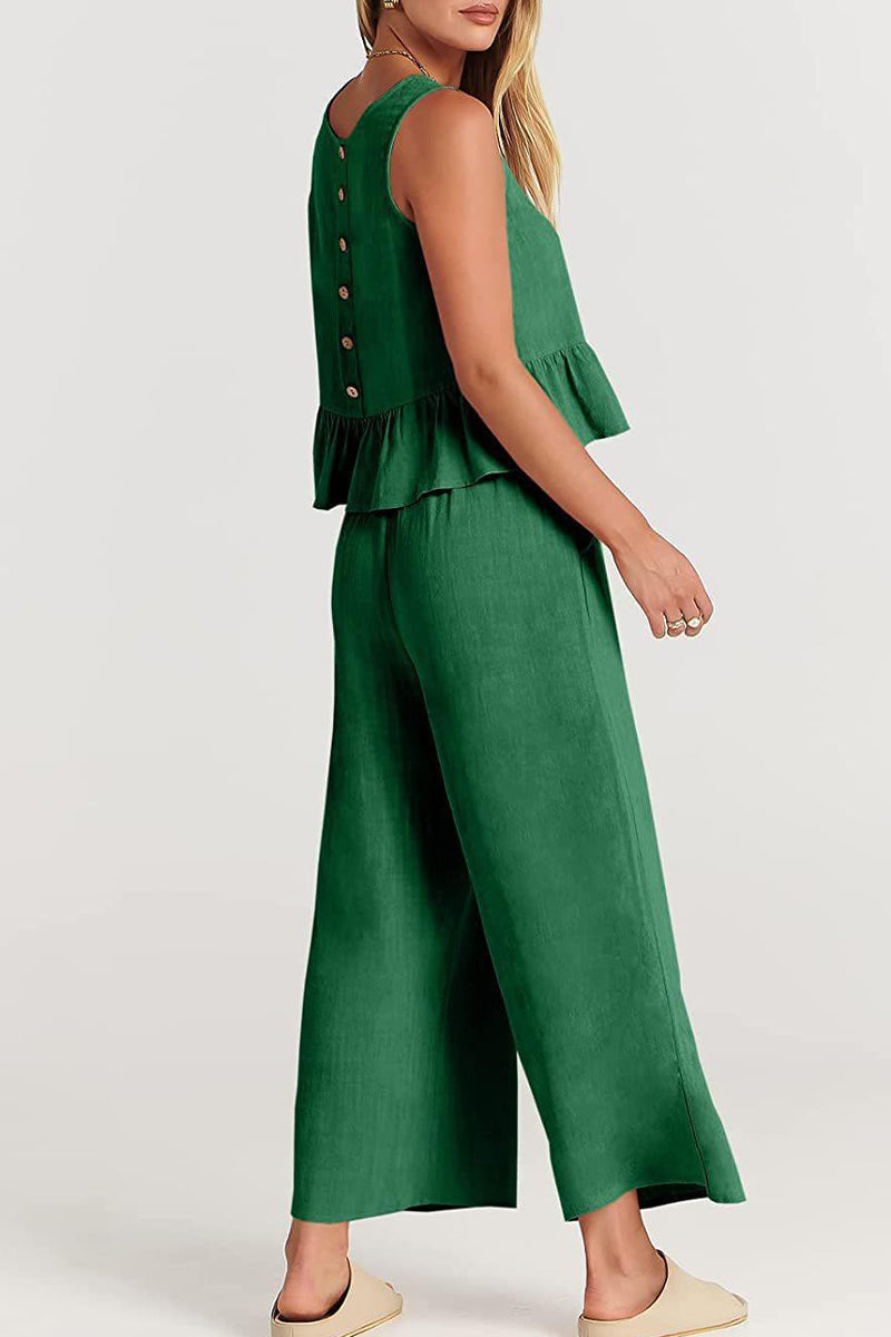Conjunto informal sencillo de dos piezas con bolsillos, botones y cuello redondo sin mangas