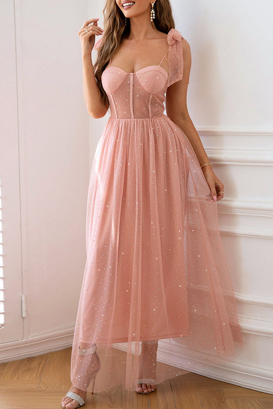 Vestido de noche elegante de cuello POLO de malla con lentejuelas y frenillo liso de celebridades