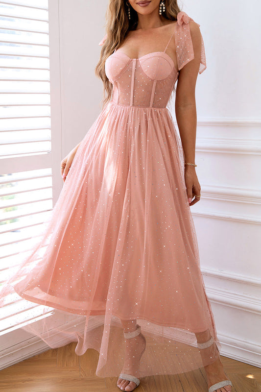 Vestido de noche elegante de cuello POLO de malla con lentejuelas y frenillo liso de celebridades