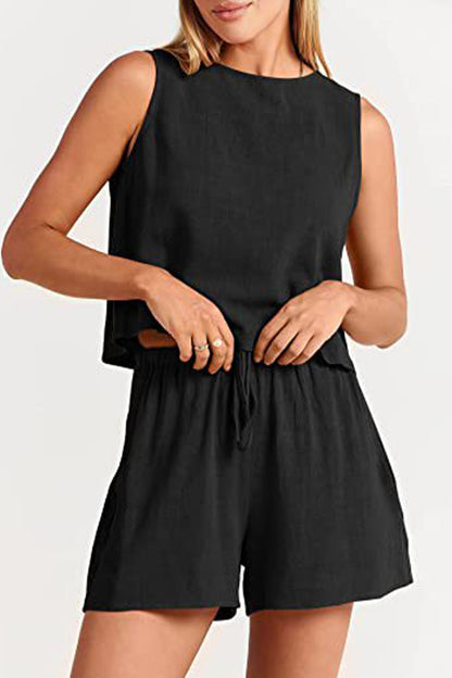 Casual Simplicity Solid Frenulum O Neck Sleeveless Two Pieces