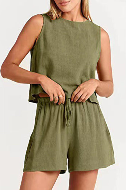 Casual Simplicity Solid Frenulum O Neck Sleeveless Two Pieces