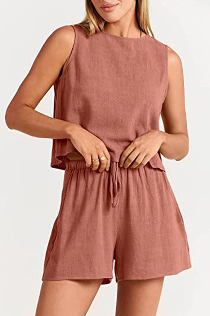 Casual Simplicity Solid Frenulum O Neck Sleeveless Two Pieces