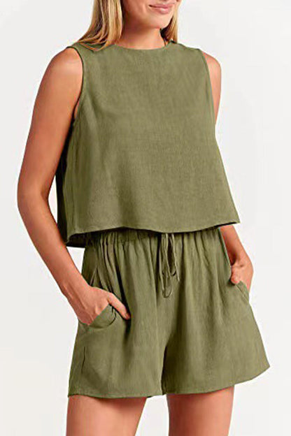Casual Simplicity Solid Frenulum O Neck Sleeveless Two Pieces(10 Colors)