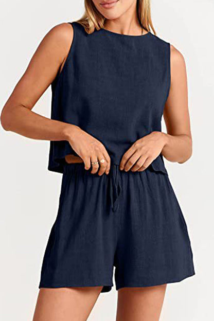 Casual Simplicity Solid Frenulum O Neck Sleeveless Two Pieces