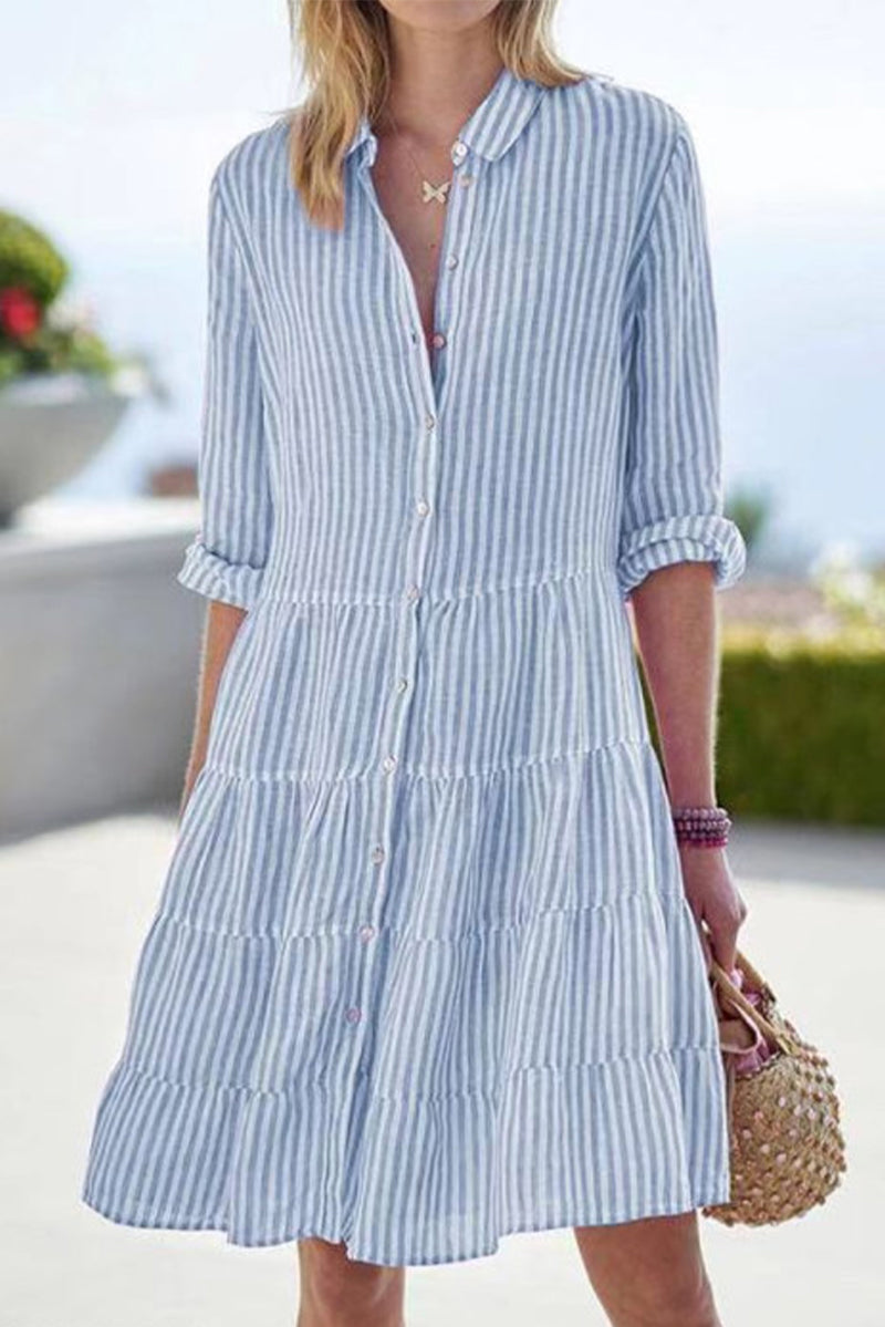 Street Elegant Geometric Draw String Turndown Collar Shirt Dress Dresses(6 Colors)
