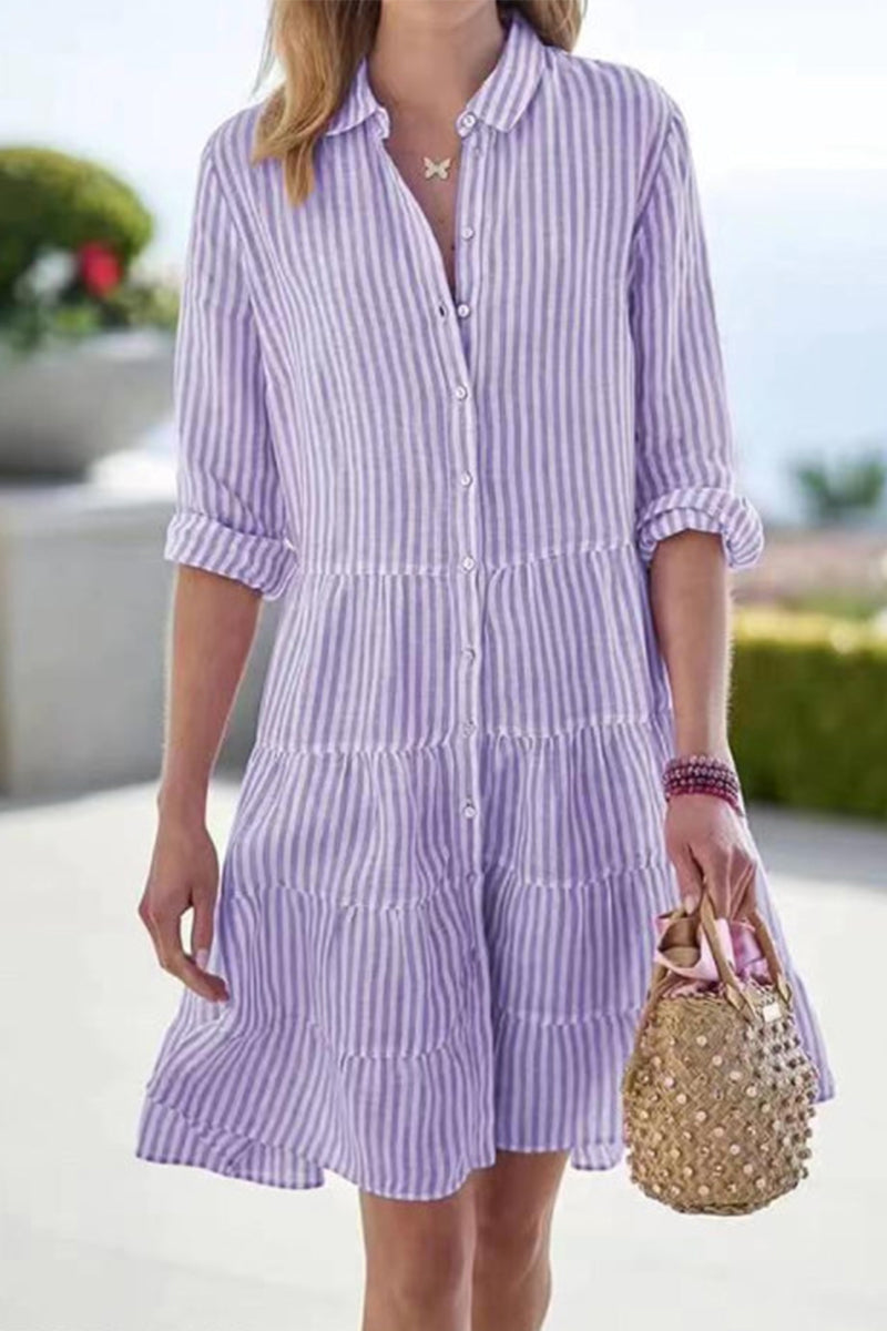 Street Elegant Geometric Draw String Turndown Collar Shirt Dress Dresses(6 Colors)