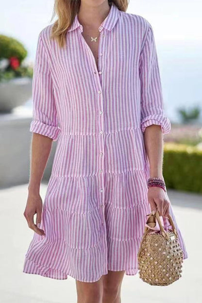Street Elegant Geometric Draw String Turndown Collar Shirt Dress Dresses(6 Colors)