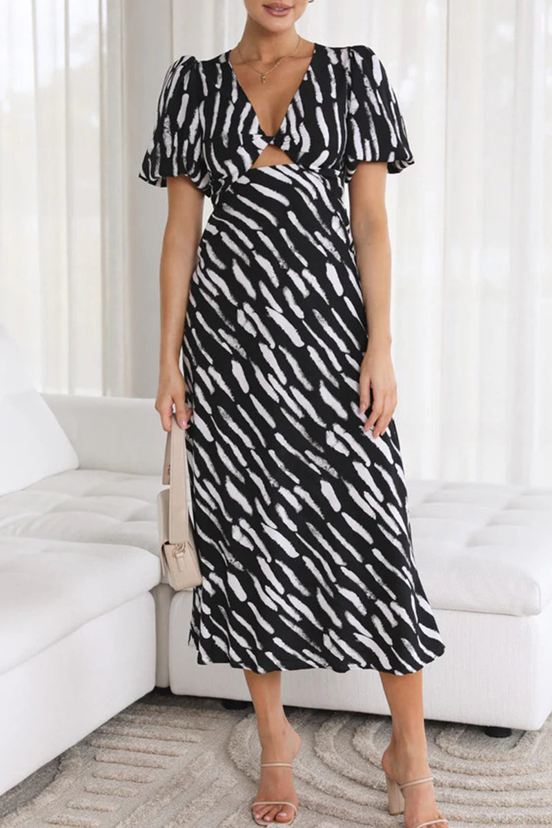 Vestidos elegantes y dulces con falda y escote en V y retazos geométricos