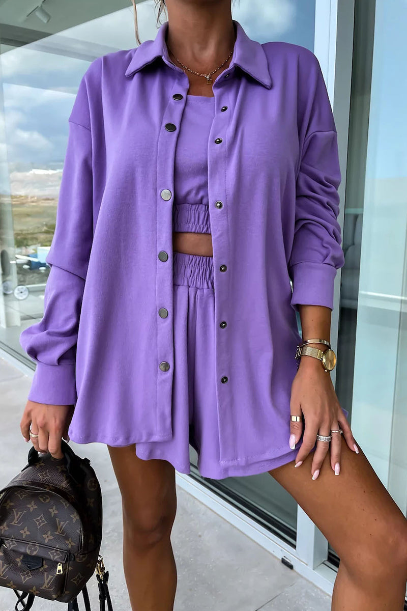 Conjunto informal de dos piezas con cuello vuelto, manga larga y bolsillos lisos para vacaciones