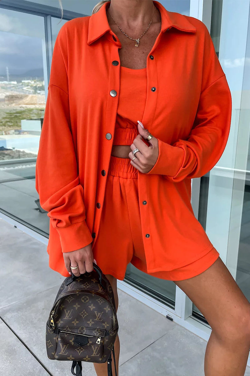 Conjunto informal de dos piezas con cuello vuelto, manga larga y bolsillos lisos para vacaciones