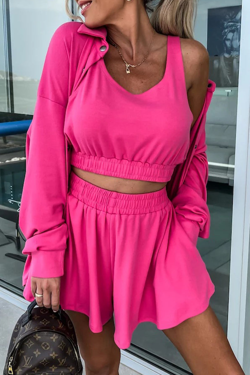 Conjunto informal de dos piezas con cuello vuelto, manga larga y bolsillos lisos para vacaciones