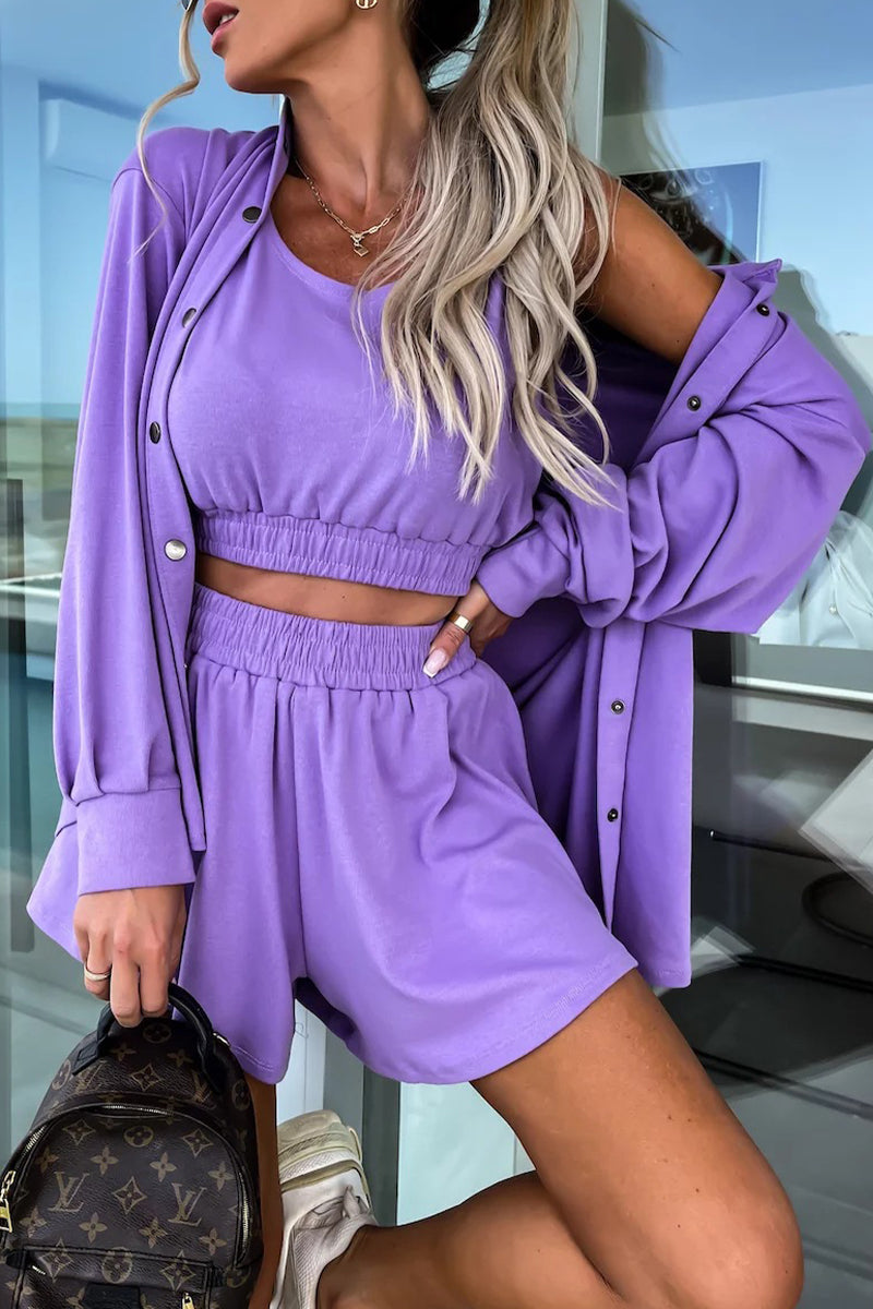 Conjunto informal de dos piezas con cuello vuelto, manga larga y bolsillos lisos para vacaciones