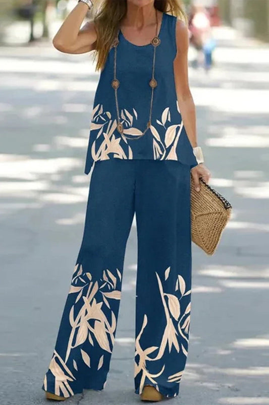 Conjunto informal de dos piezas sin mangas con cuello redondo y estampado de patchwork (7 colores)