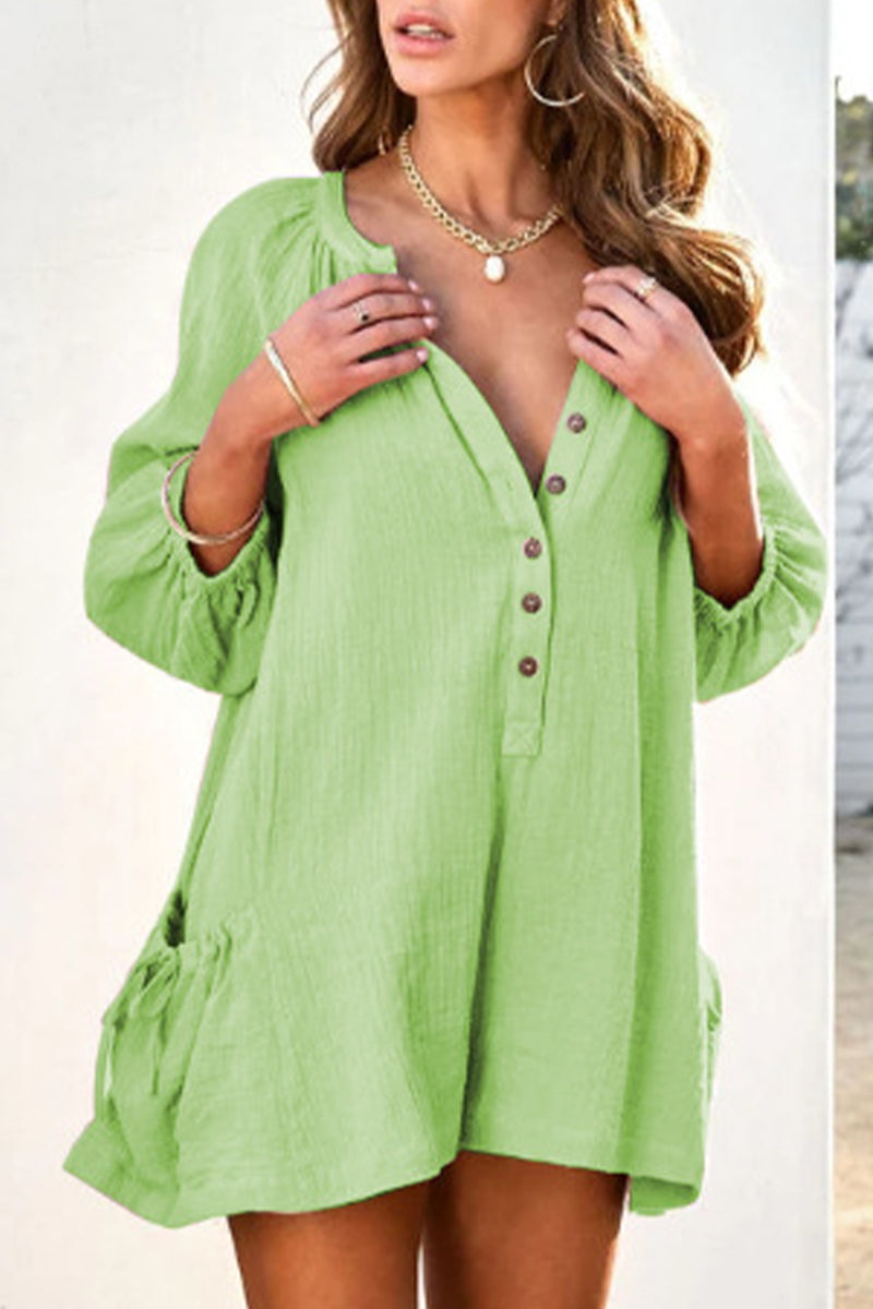 Casual Simplicity Solid Pocket V Neck Loose Rompers