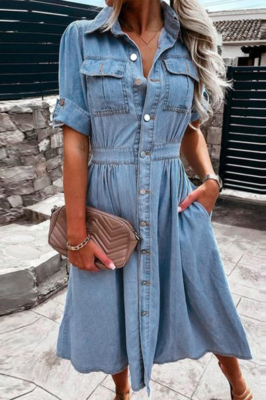 Vestidos vaqueros de manga larga con cuello vuelto, hebilla y bolsillo liso de estilo urbano