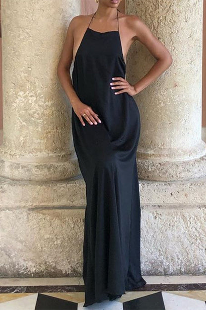 Vestido de noche asimétrico, elegante y sexy con escote halter, espalda descubierta y frenillo liso.