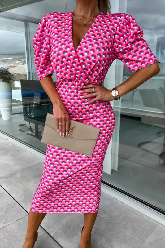 Vestidos elegantes con falda de un solo paso, cuello en V y patchwork con estampado de trabajo