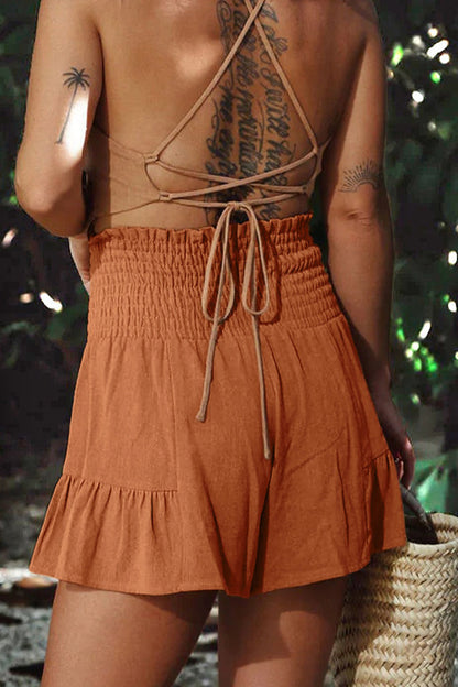 Pantalones casuales de vacaciones, de color liso, con volantes, holgados, de cintura alta y pierna ancha (4 colores)