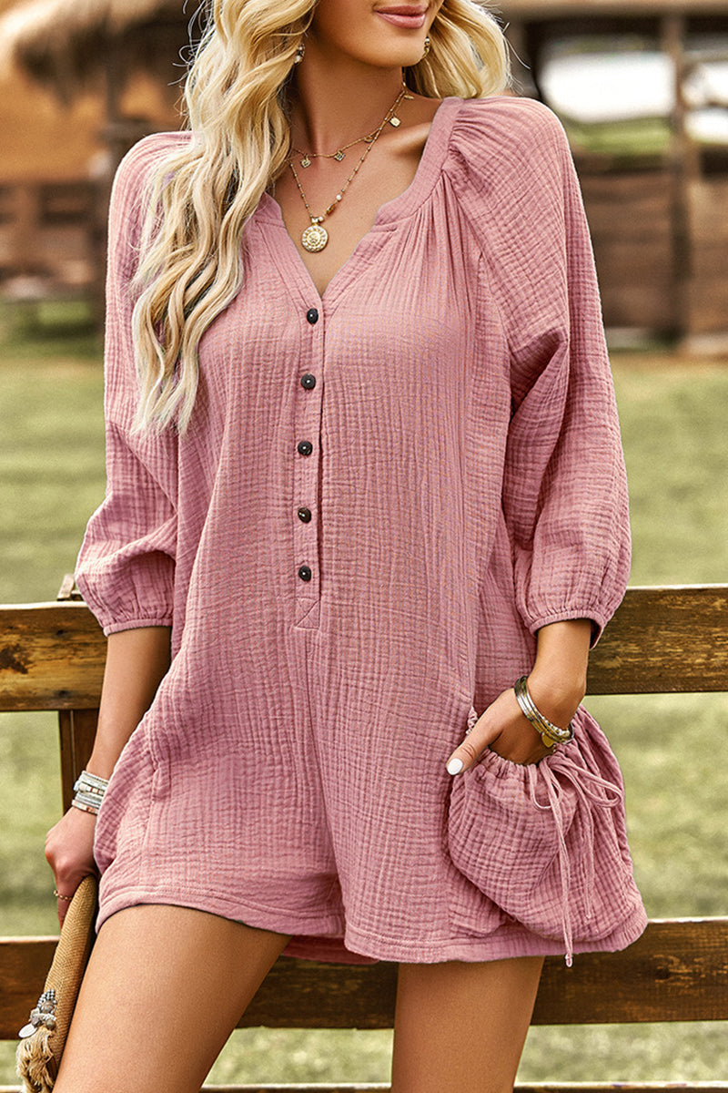 Casual Simplicity Solid Pocket Buckle O Neck Loose Rompers