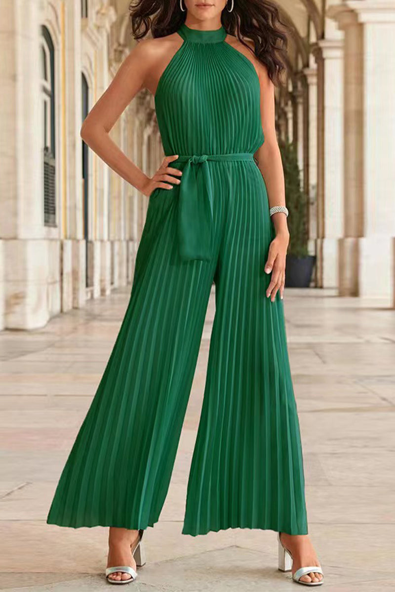 Mono holgado informal sencillo con cuello halter y pliegues de frenillo liso (6 colores)