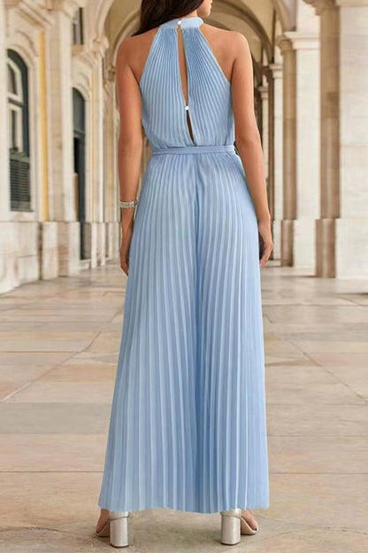 Mono holgado informal sencillo con cuello halter y pliegues de frenillo liso (6 colores)