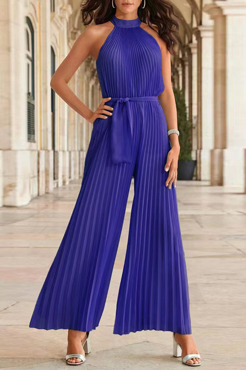 Mono holgado informal sencillo con cuello halter y pliegues de frenillo liso (6 colores)