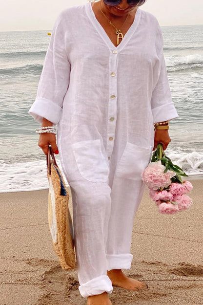 Mono informal de vacaciones con cuello en V, holgado, con hebilla y bolsillo liso