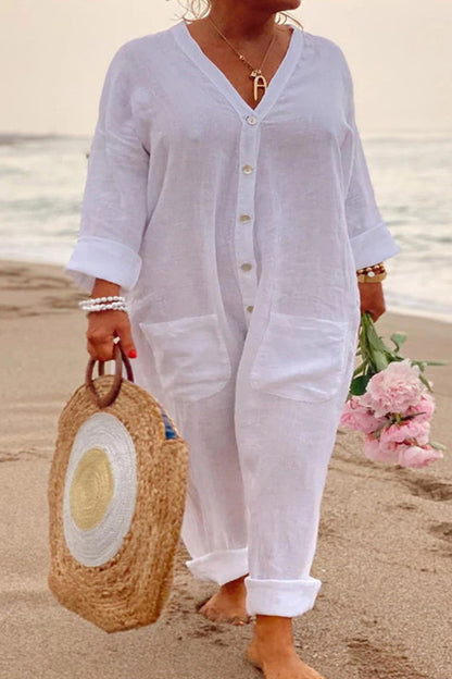 Mono informal de vacaciones con cuello en V, holgado, con hebilla y bolsillo liso