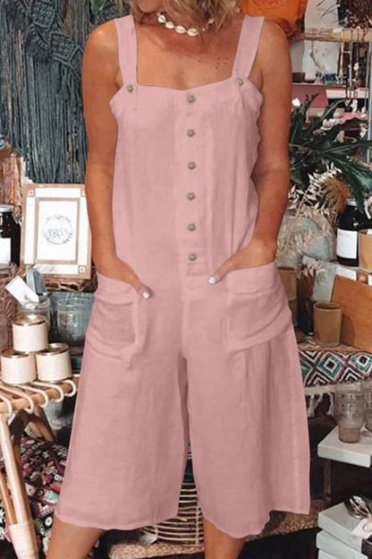 Casual Daily Solid Pocket Buttons Square Collar Loose Rompers