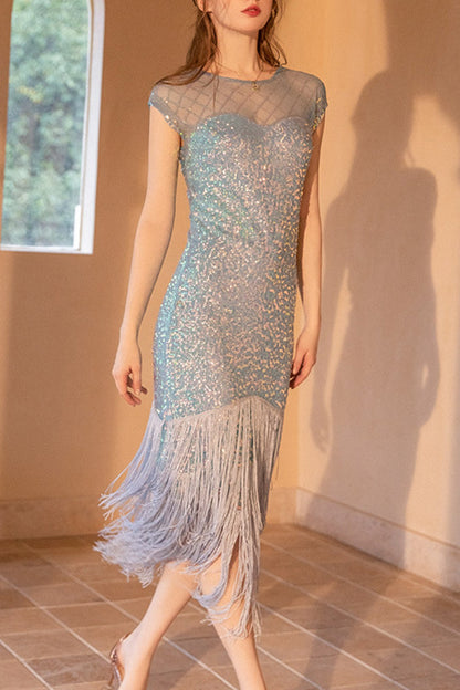 Vestidos de noche formales de celebridades con borlas sólidas, lentejuelas, malla, cremallera, cuello redondo