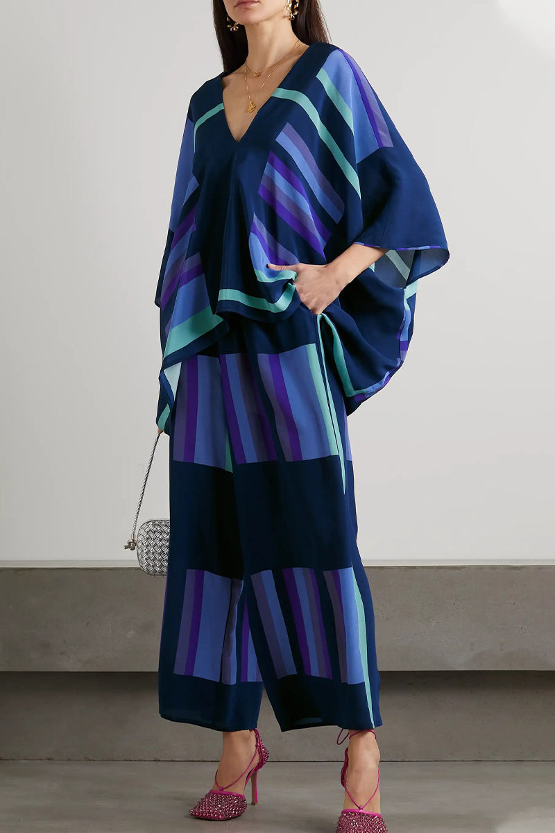 Conjunto de dos piezas con cuello en V, manga de nueve puntos y estampado geométrico estilo británico informal