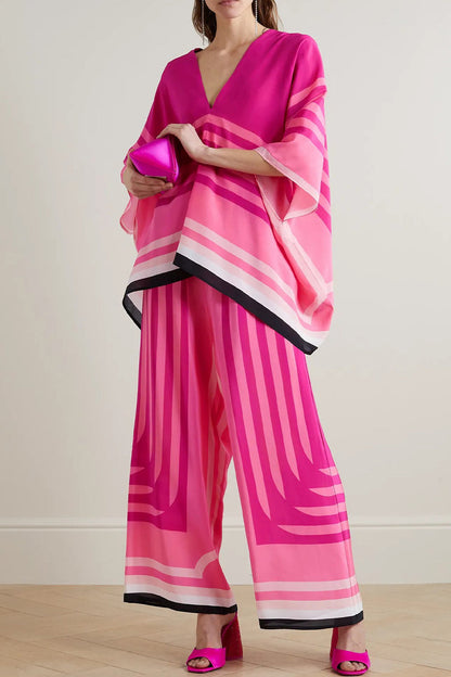 Conjunto de dos piezas con cuello en V, manga de nueve puntos y estampado geométrico estilo británico informal