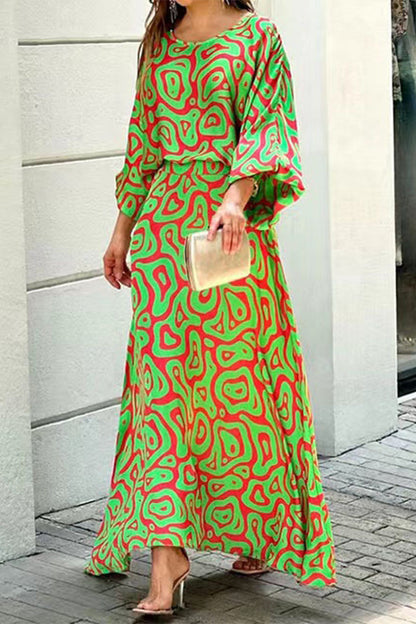 Casual Street Geometric Patchwork O Neck Three Quarter Two Pieces