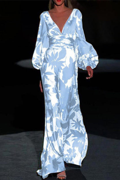 Sexy Elegant Print Frenulum V Neck Evening Dress Dresses(4 Colors)