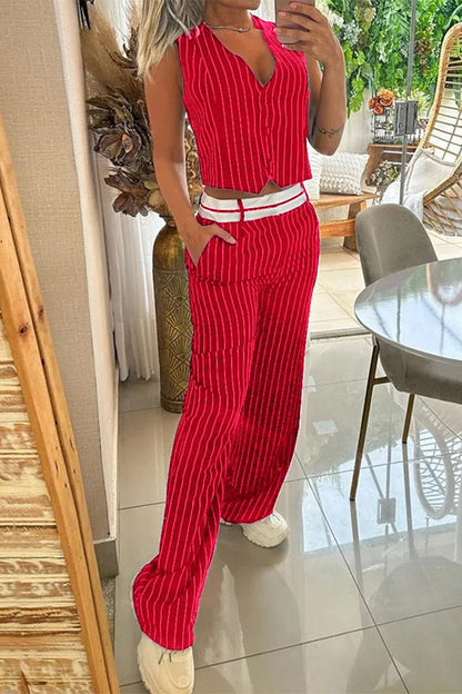 Conjunto informal de dos piezas con cuello en V, sin mangas y rayas con hebilla