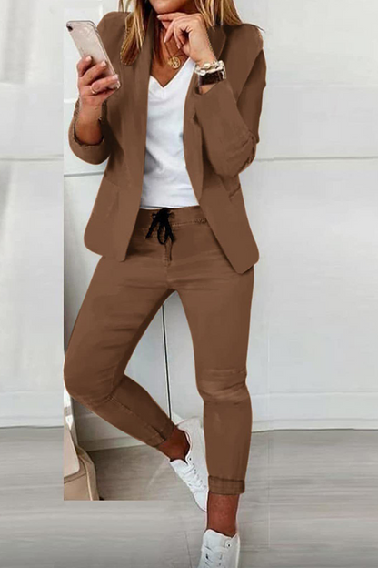 Casual Solid Turndown Collar Long Sleeve Two Pieces(10 colors)