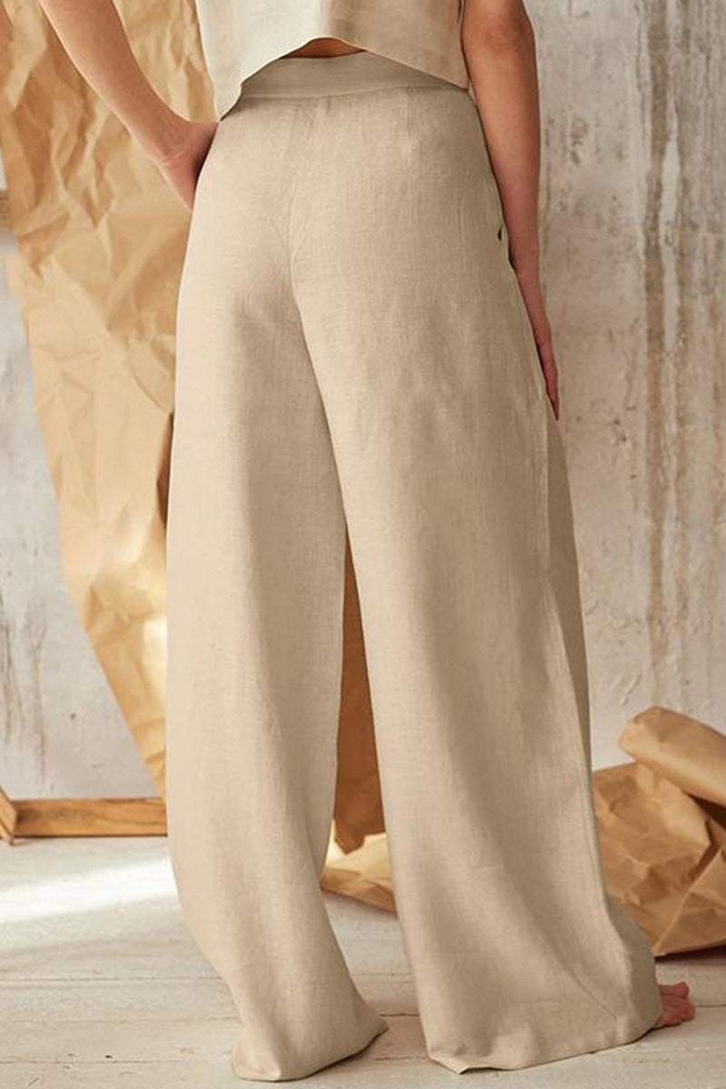 Pantalones casuales de estilo británico con botones sólidos, sueltos, de cintura alta y pierna ancha, de color liso