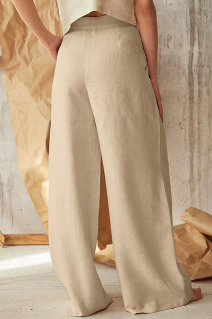Pantalones casuales de estilo británico con botones sólidos, sueltos, de cintura alta y pierna ancha, de color liso