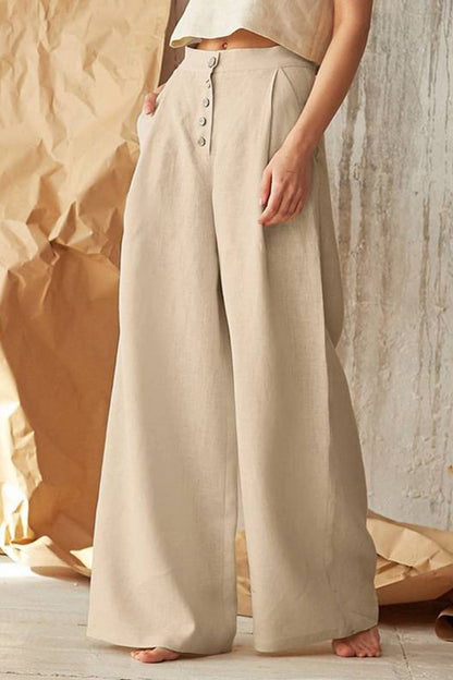Pantalones casuales de estilo británico con botones sólidos, sueltos, de cintura alta y pierna ancha, de color liso