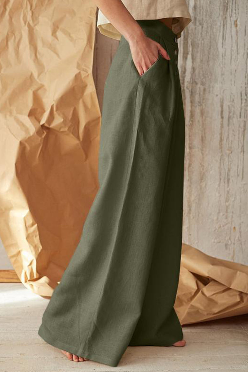 Pantalones casuales de estilo británico con botones sólidos, sueltos, de cintura alta y pierna ancha, de color liso