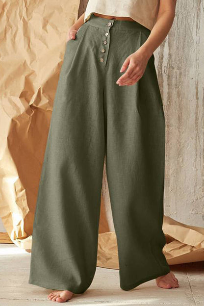 Pantalones casuales de estilo británico con botones sólidos, sueltos, de cintura alta y pierna ancha, de color liso