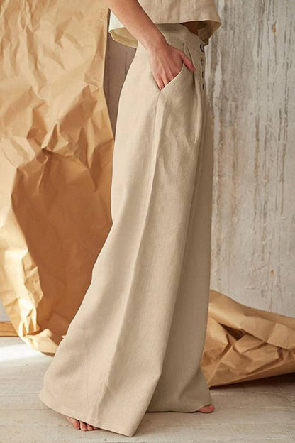 Pantalones casuales de estilo británico con botones sólidos, sueltos, de cintura alta y pierna ancha, de color liso