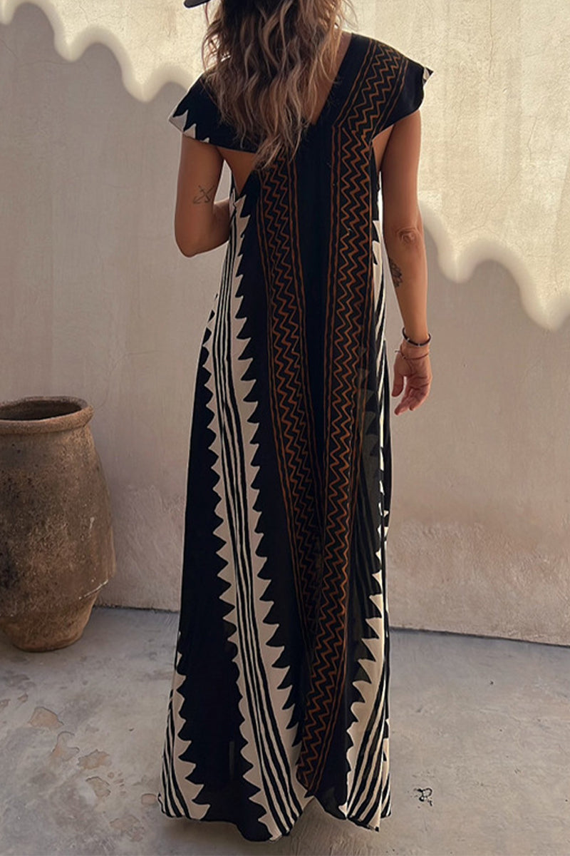Vestidos casuales universitarios con estampado geométrico, cuello en V y pliegues, corte A
