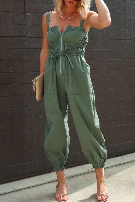 Monos casuales de calle lisos con bolsillos y cremallera y cuello cuadrado