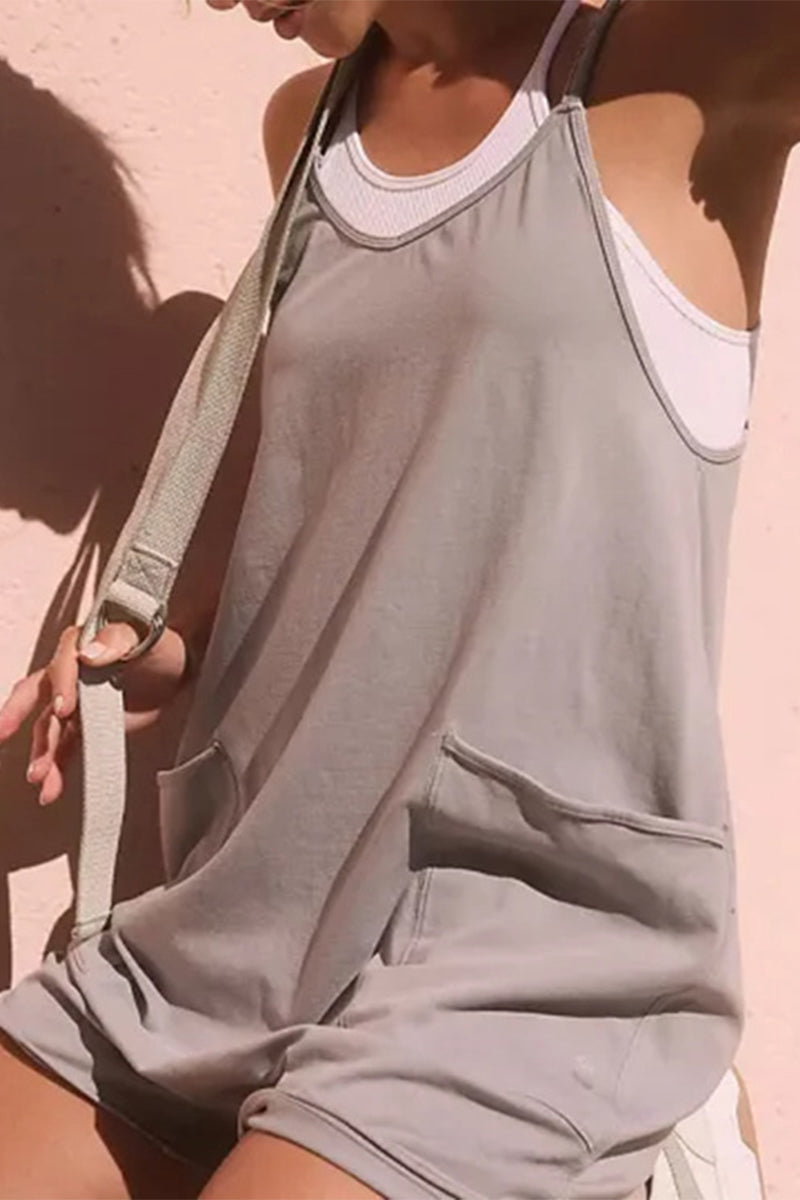 Mono holgado informal sencillo con cuello en V y bolsillos lisos