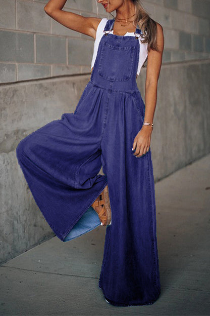 Mono holgado informal de moda con bolsillos sólidos y tirantes finos (4 colores)